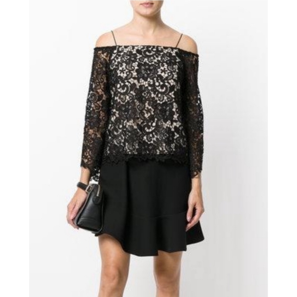 Alice+Olivia Prena Silk Blend Lace Trumpet Sleeve Top Black Size Small NWOT - Picture 2 of 15